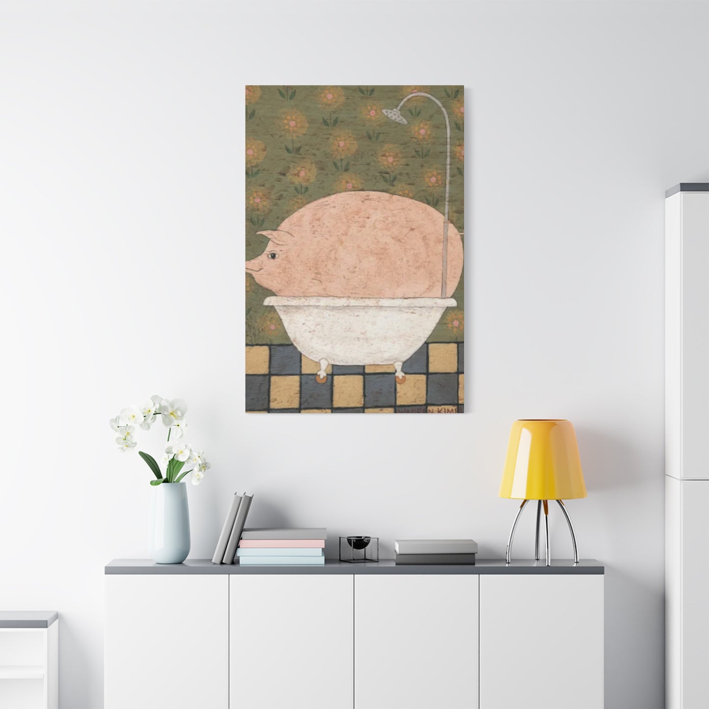 Fat Pig In Bathtub Kimble Warren Wall Art & Canvas Prints