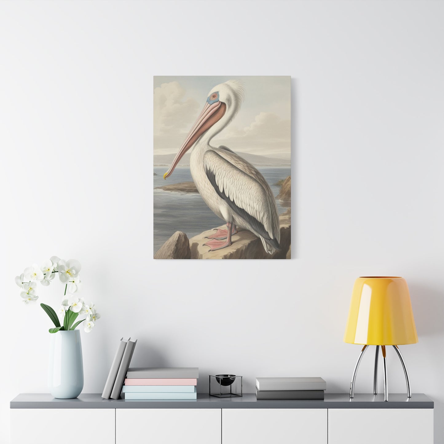 Long Beak Pelican Sitting On Cliff Wall Art & Canvas Prints