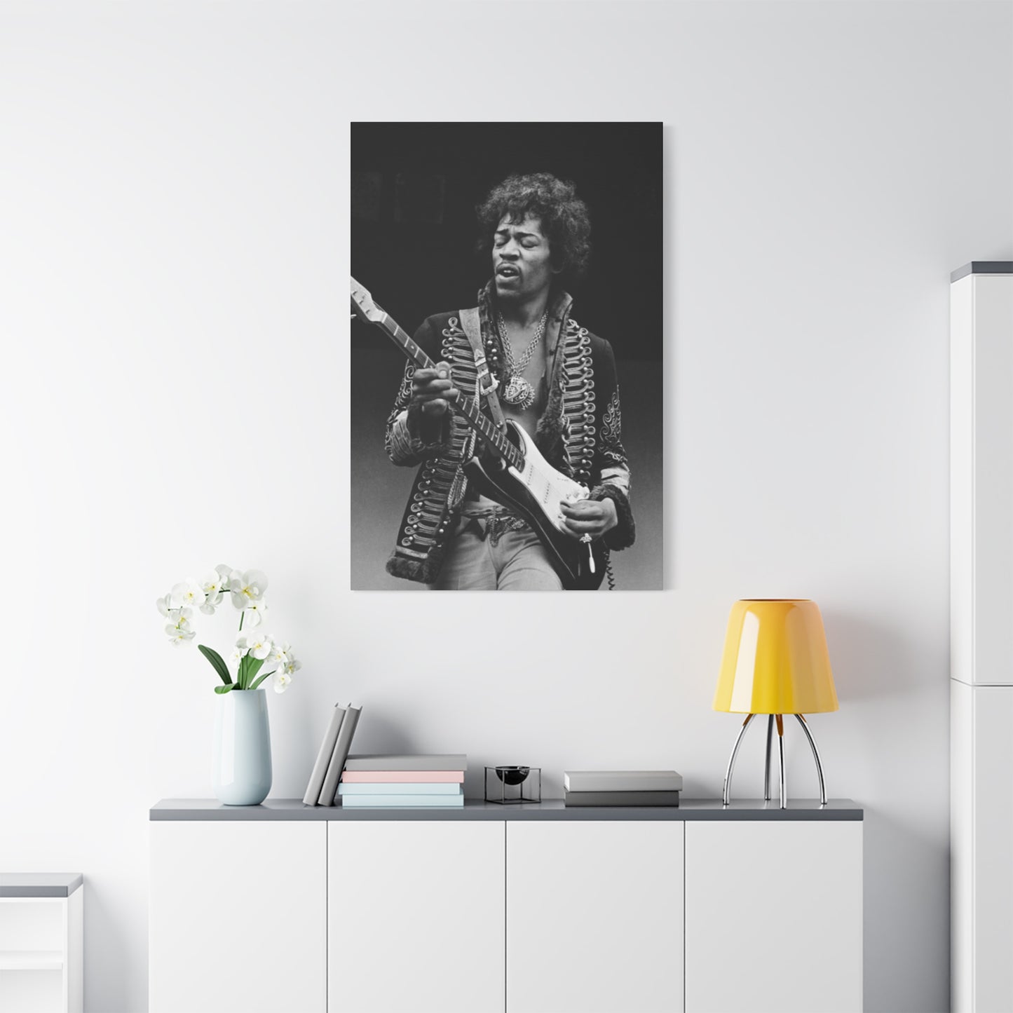 Greyscale Jimi Hendrix Playing Guitar Poster Wall Art & Canvas Prints