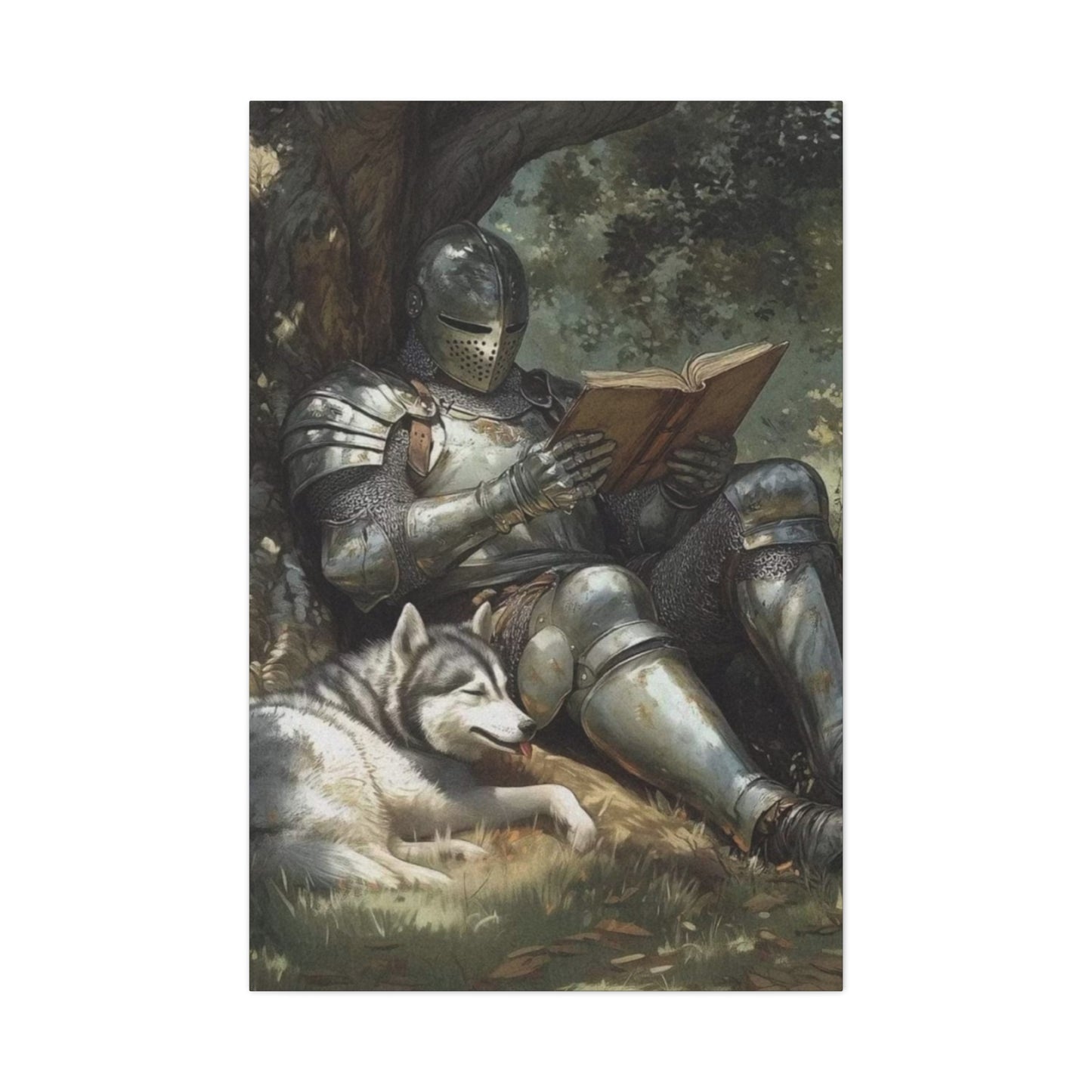 Warrior Reading Book with Husky Wall Art & Canvas Prints