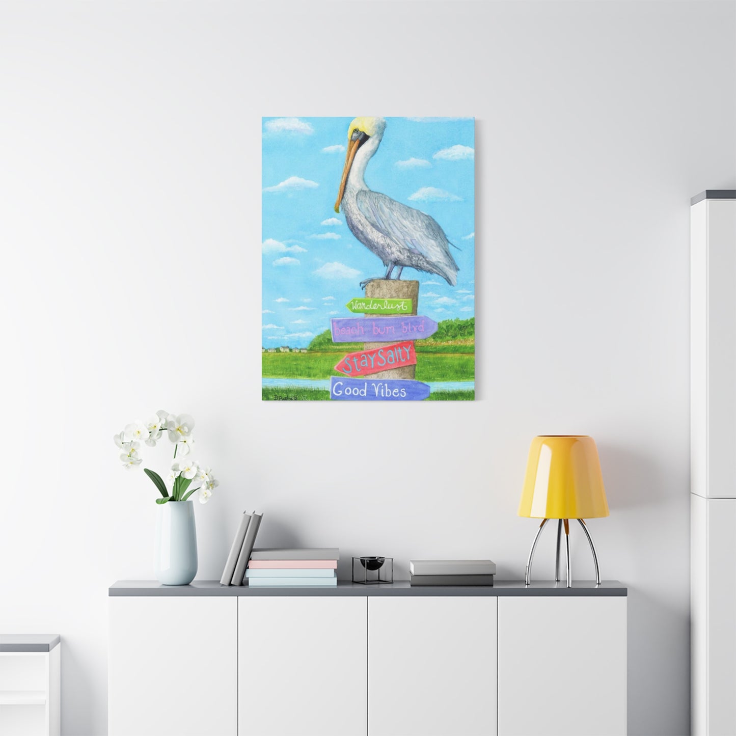 Long Beak Pelican Colorful Drawing Wall Art & Canvas Prints