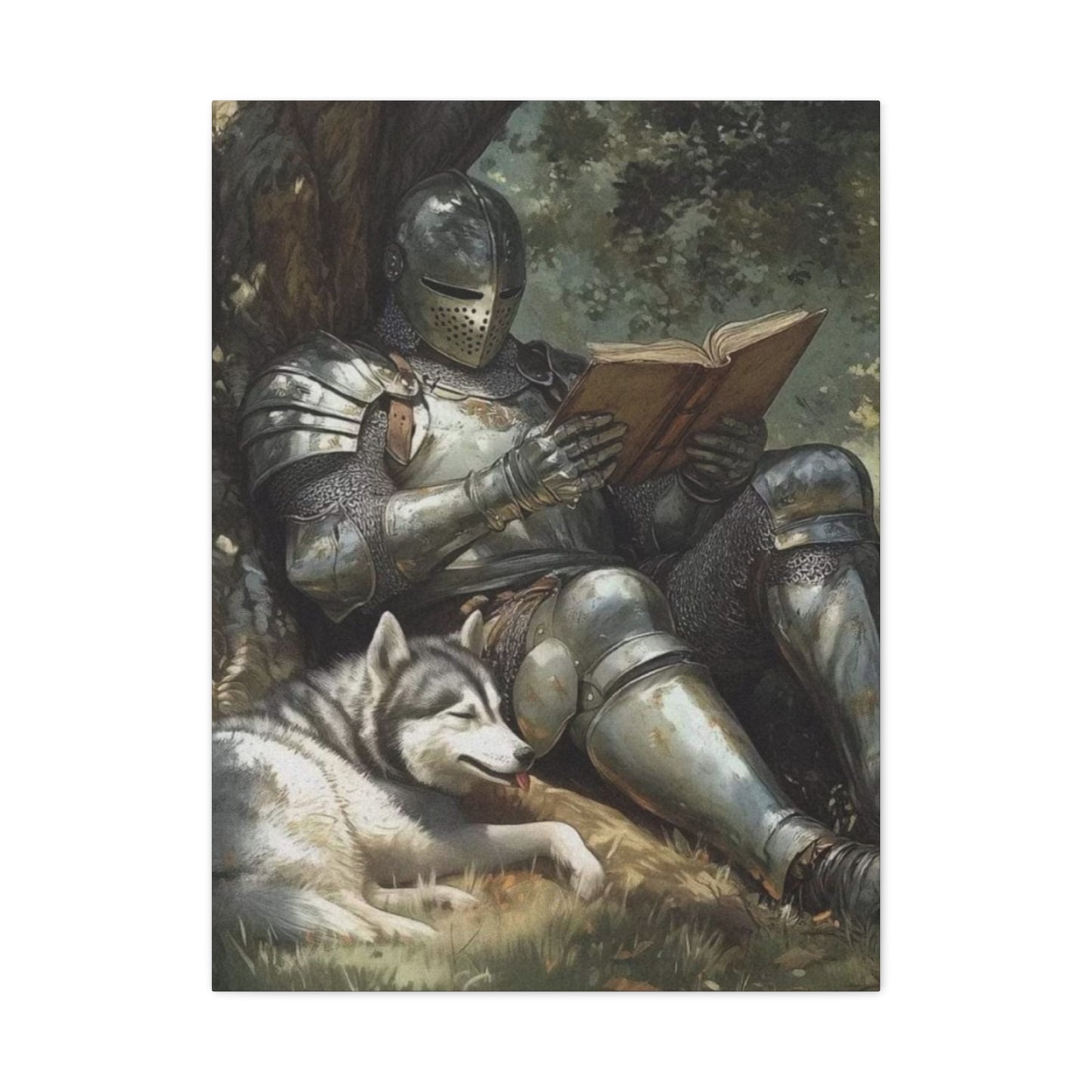 Warrior Reading Book with Husky Wall Art & Canvas Prints