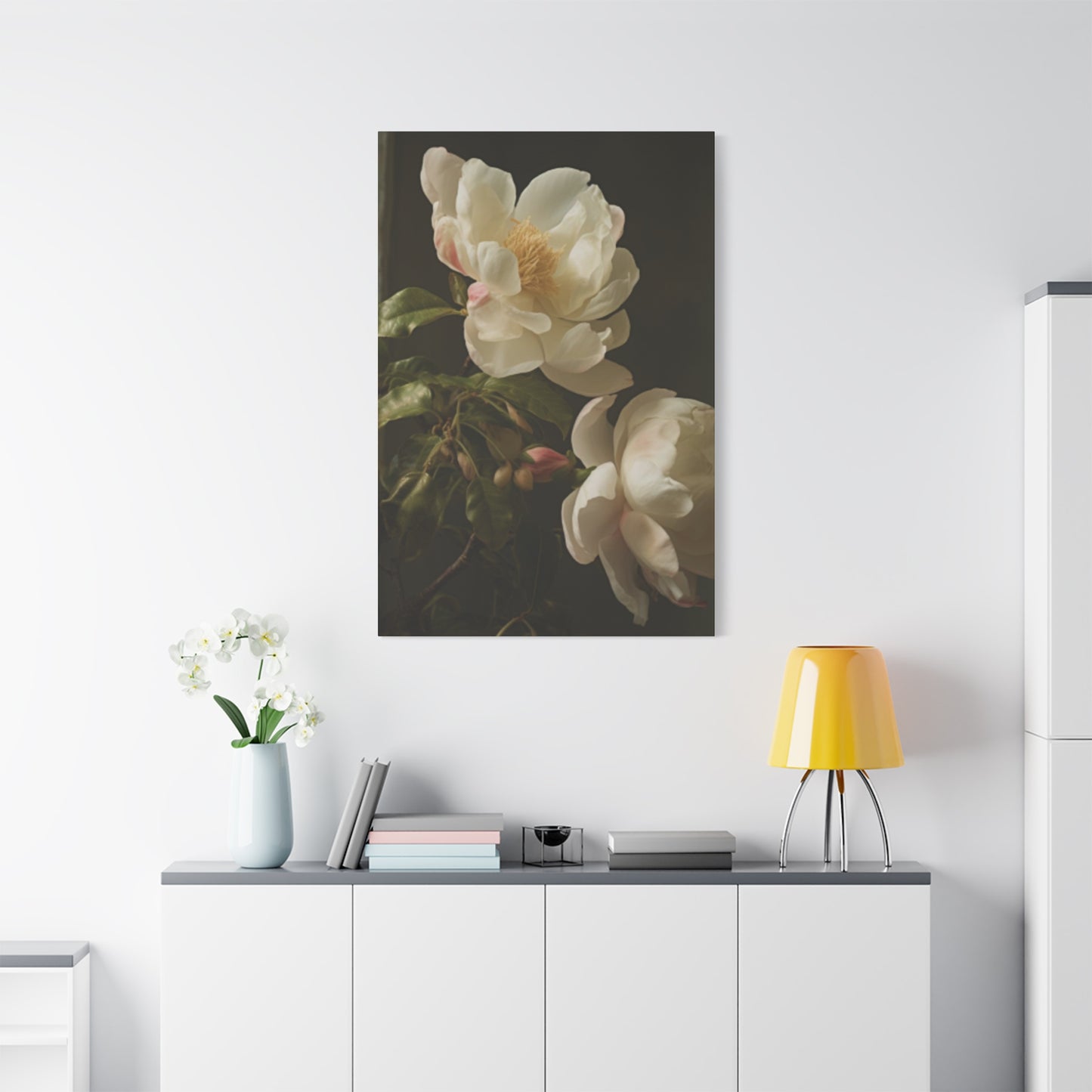 White on Black Background Magnolia Flower Wall Art & Canvas Prints