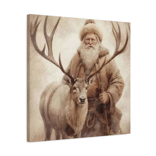 Santa Posing With Reindeer Wall Art & Canvas Prints