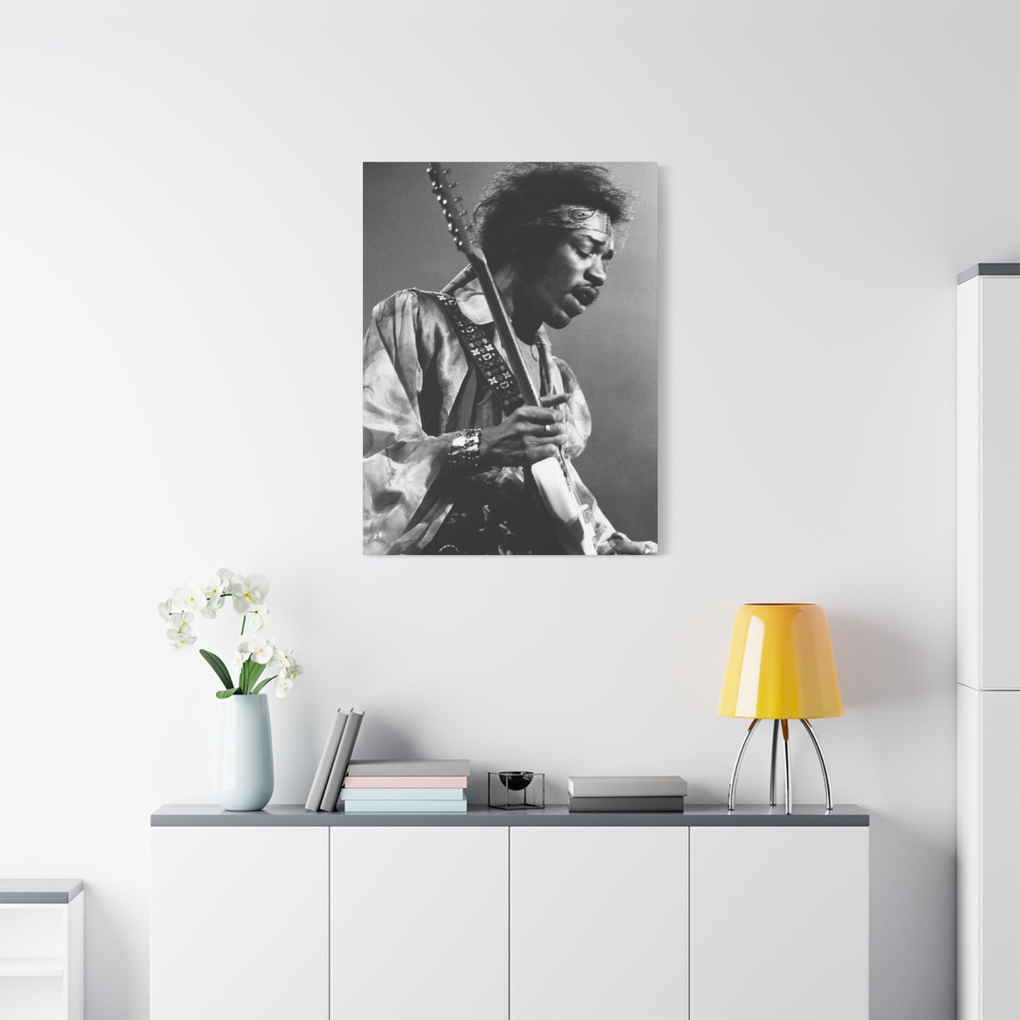 Greyscale Jimi Hendrix Playing Guitar Wall Art & Canvas Prints