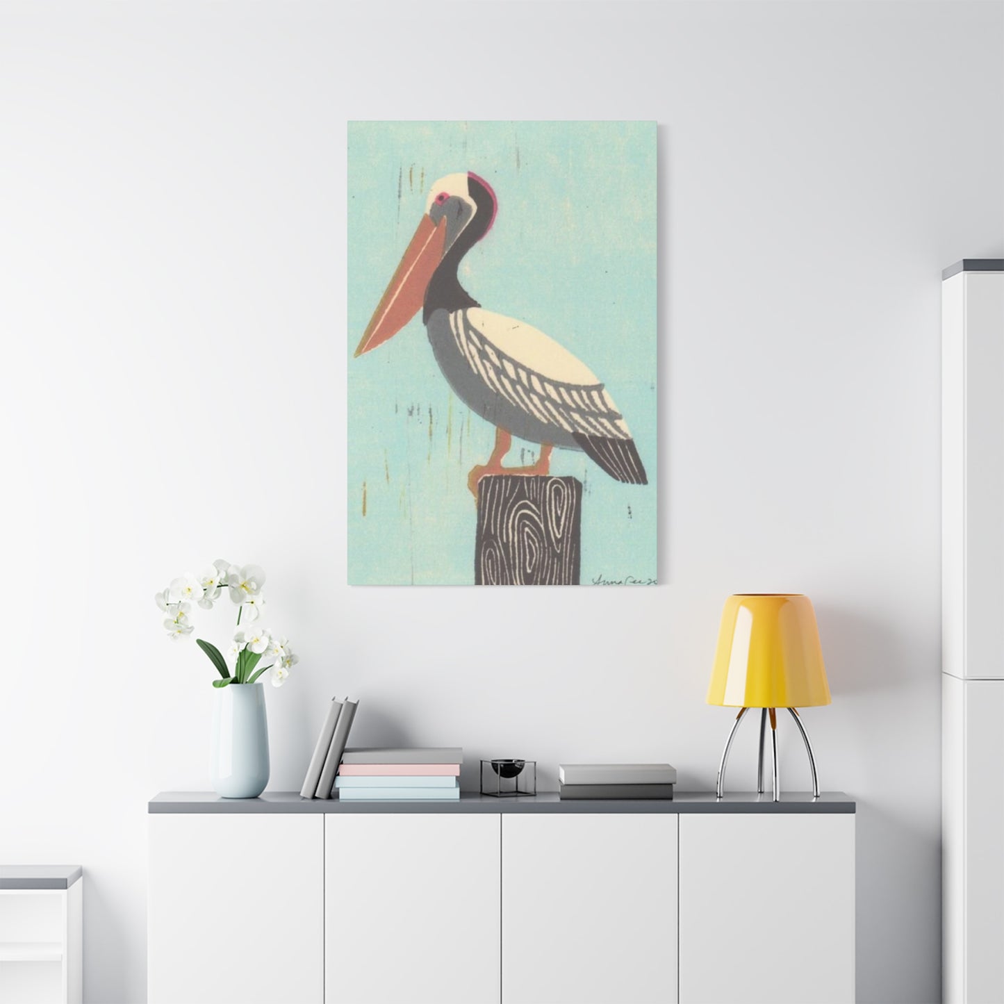 Brown Beak Pelican Colorful Drawing Wall Art & Canvas Prints