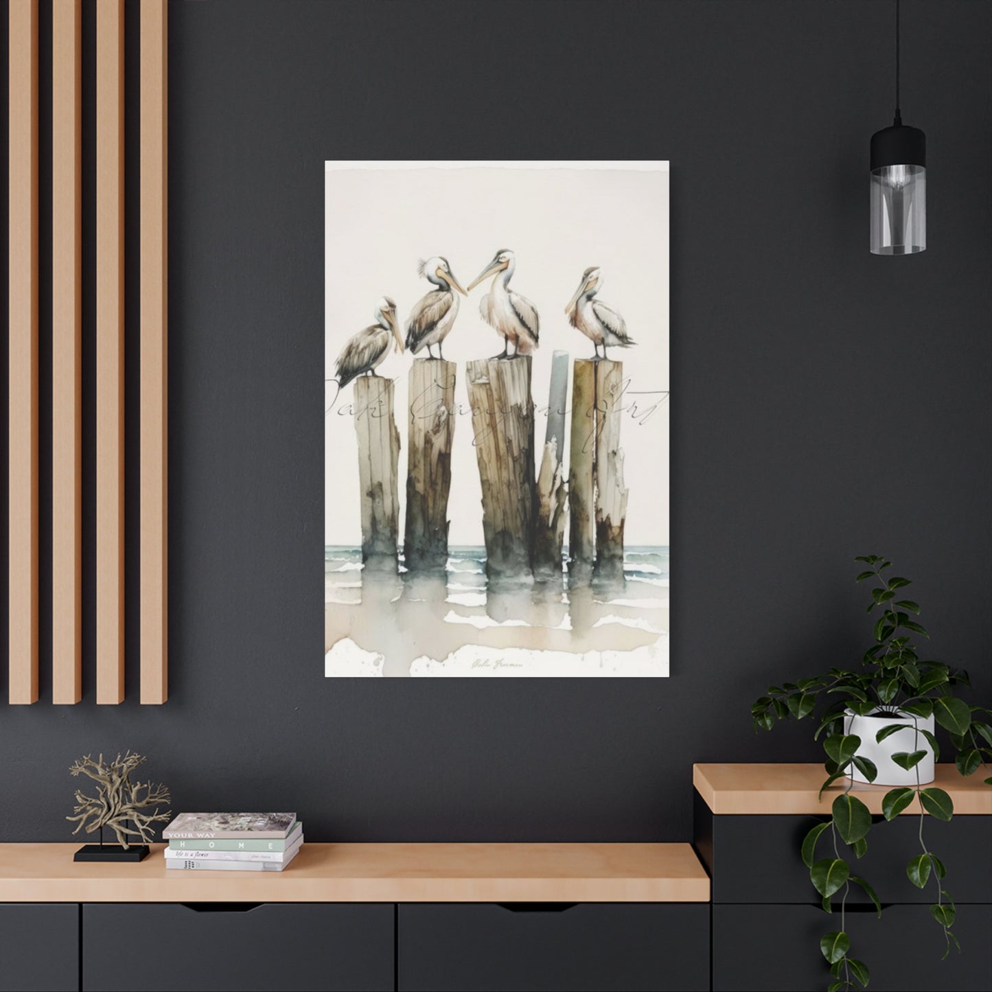 Pelicans Sitting On Wooden Blocks Wall Art & Canvas Prints