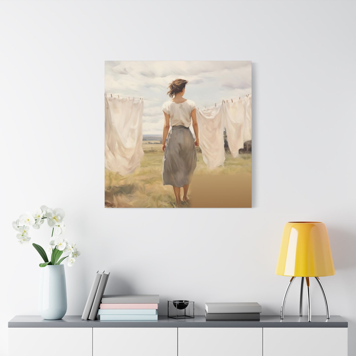 Women Drying White Clothes Laundry Wall Art & Canvas Prints