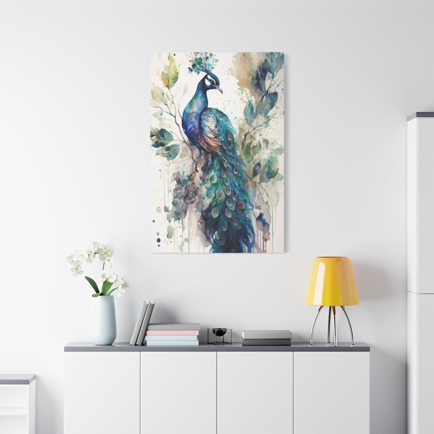 Peacock on branch Wall Art & Canvas Prints