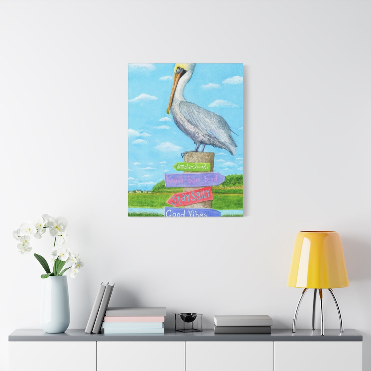 Long Beak Pelican Colorful Drawing Wall Art & Canvas Prints