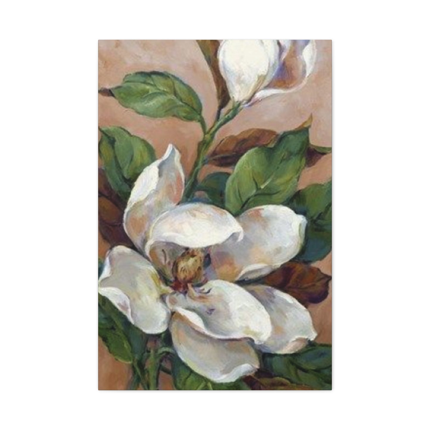 White Magnolia Flower with Leaves Painting Wall Art & Canvas Prints