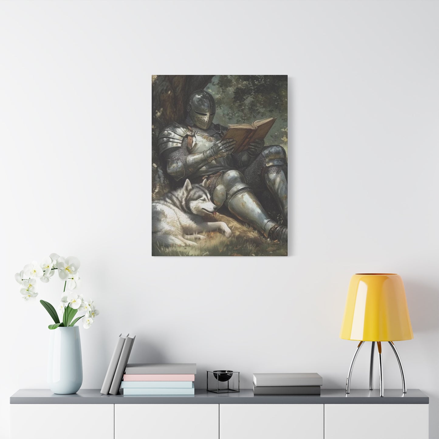 Warrior Reading Book with Husky Wall Art & Canvas Prints