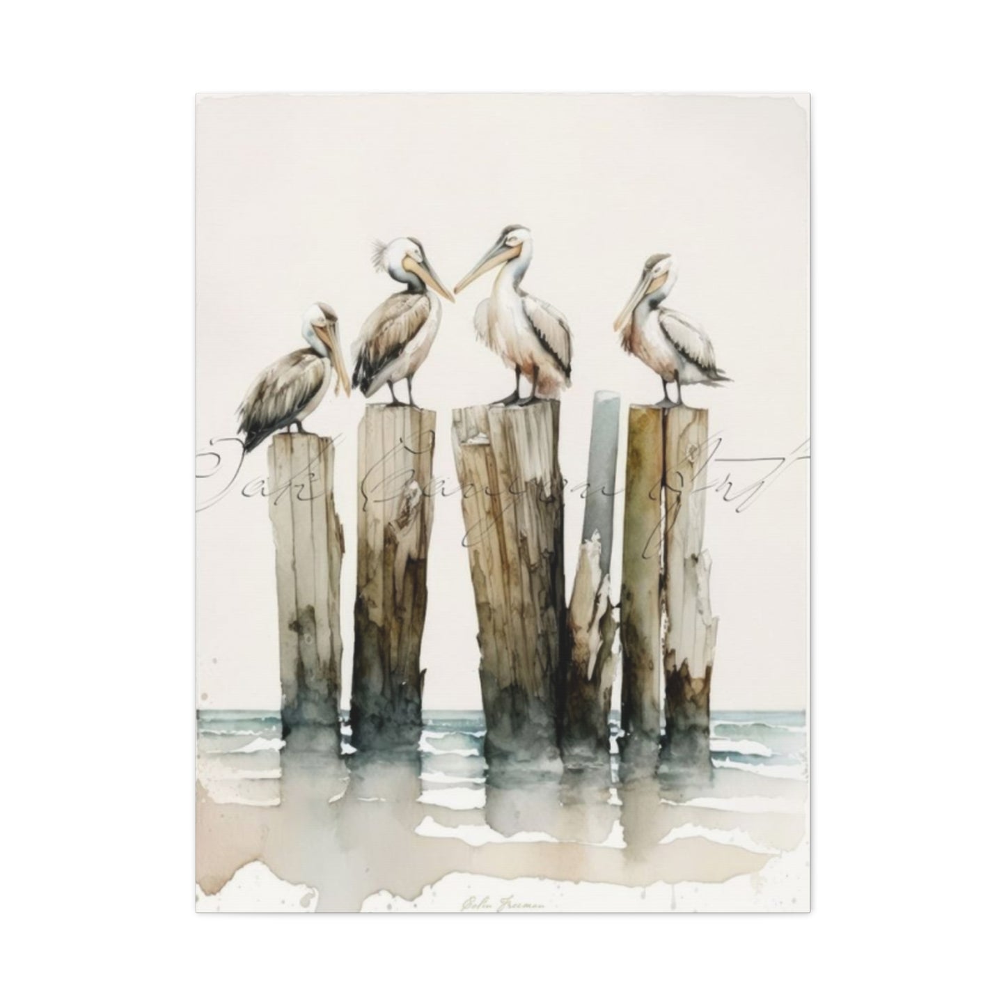 Pelicans Sitting On Wooden Blocks Wall Art & Canvas Prints