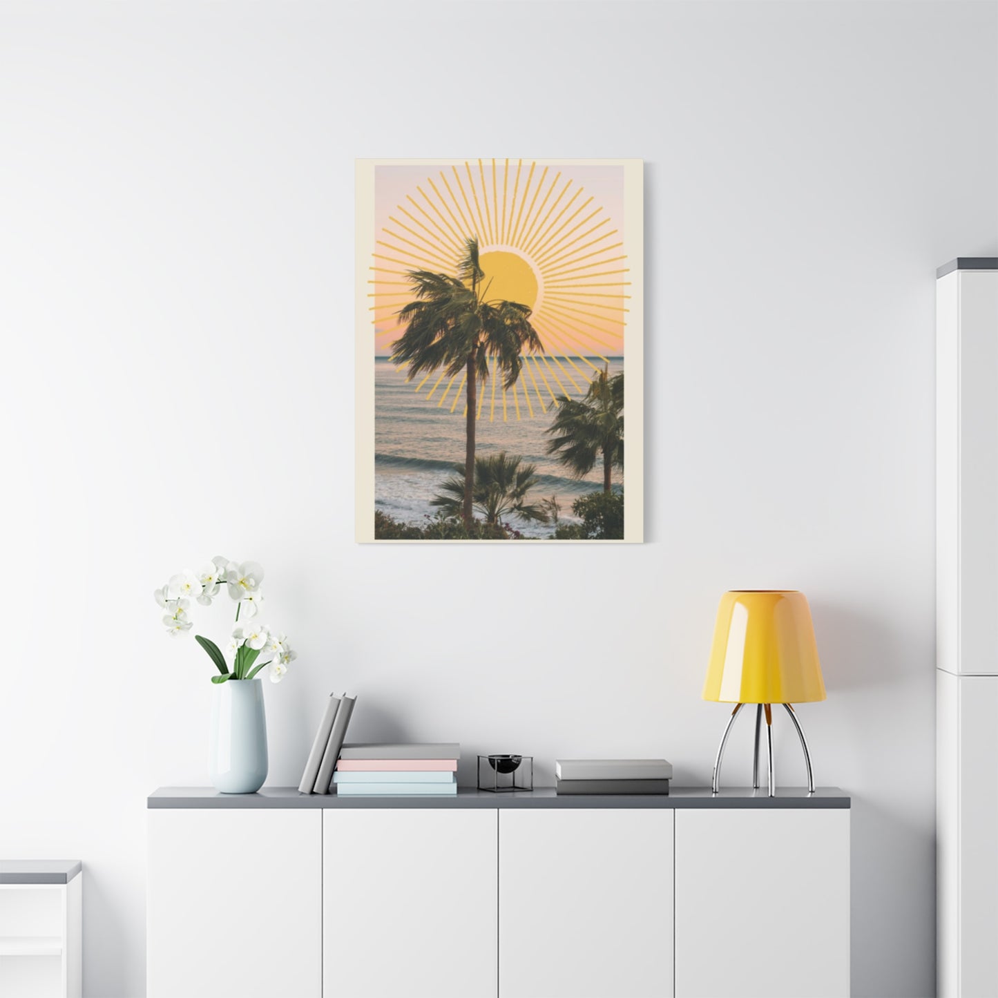 Sunset & Palm Tree On The Beach Wall Art & Canvas Prints