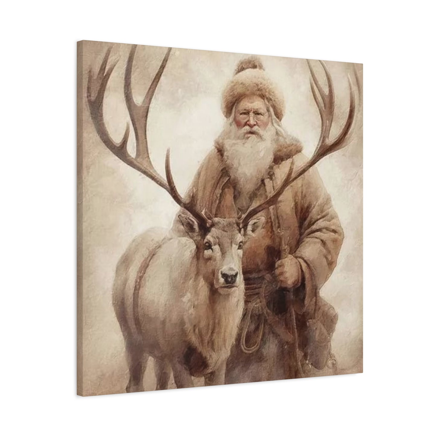 Santa Posing With Reindeer Wall Art & Canvas Prints