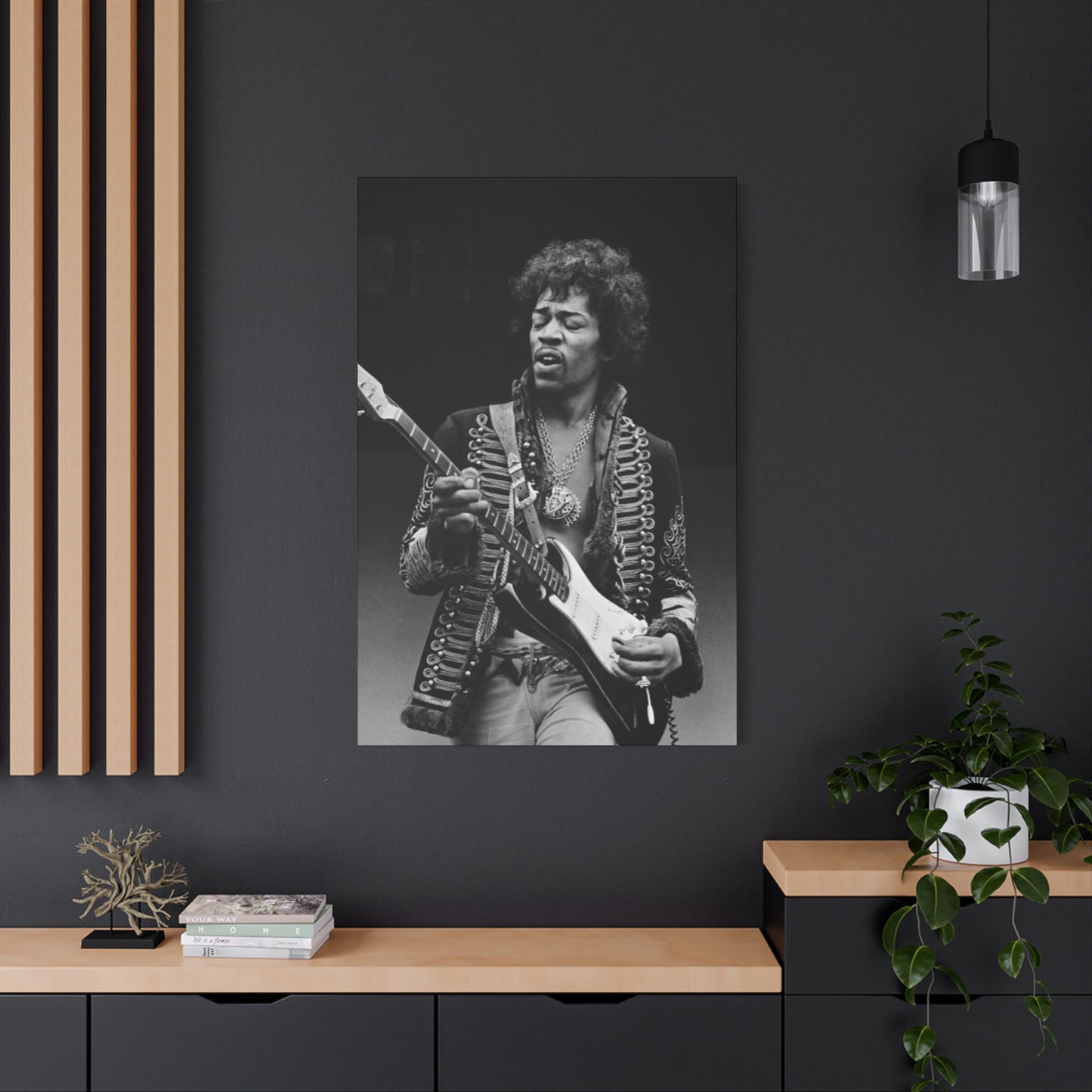 Greyscale Jimi Hendrix Playing Guitar Poster Wall Art & Canvas Prints