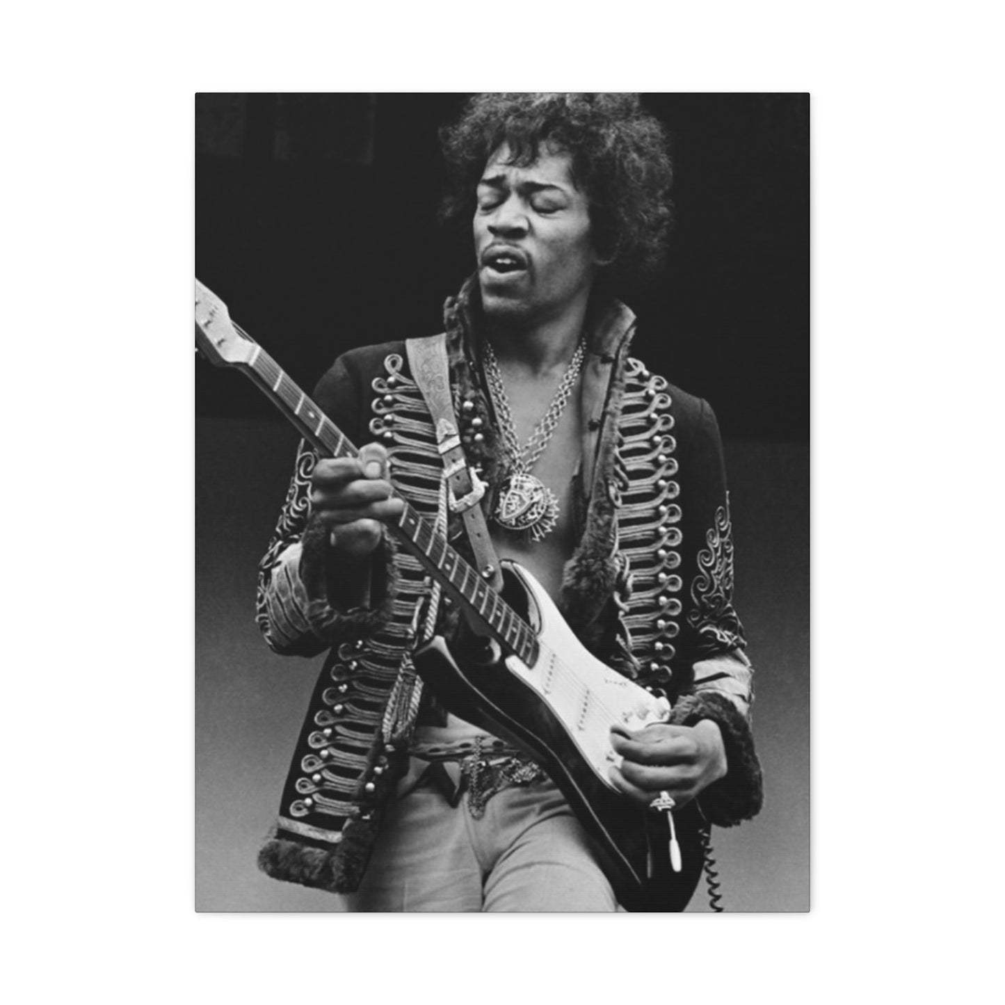 Greyscale Jimi Hendrix Playing Guitar Poster Wall Art & Canvas Prints