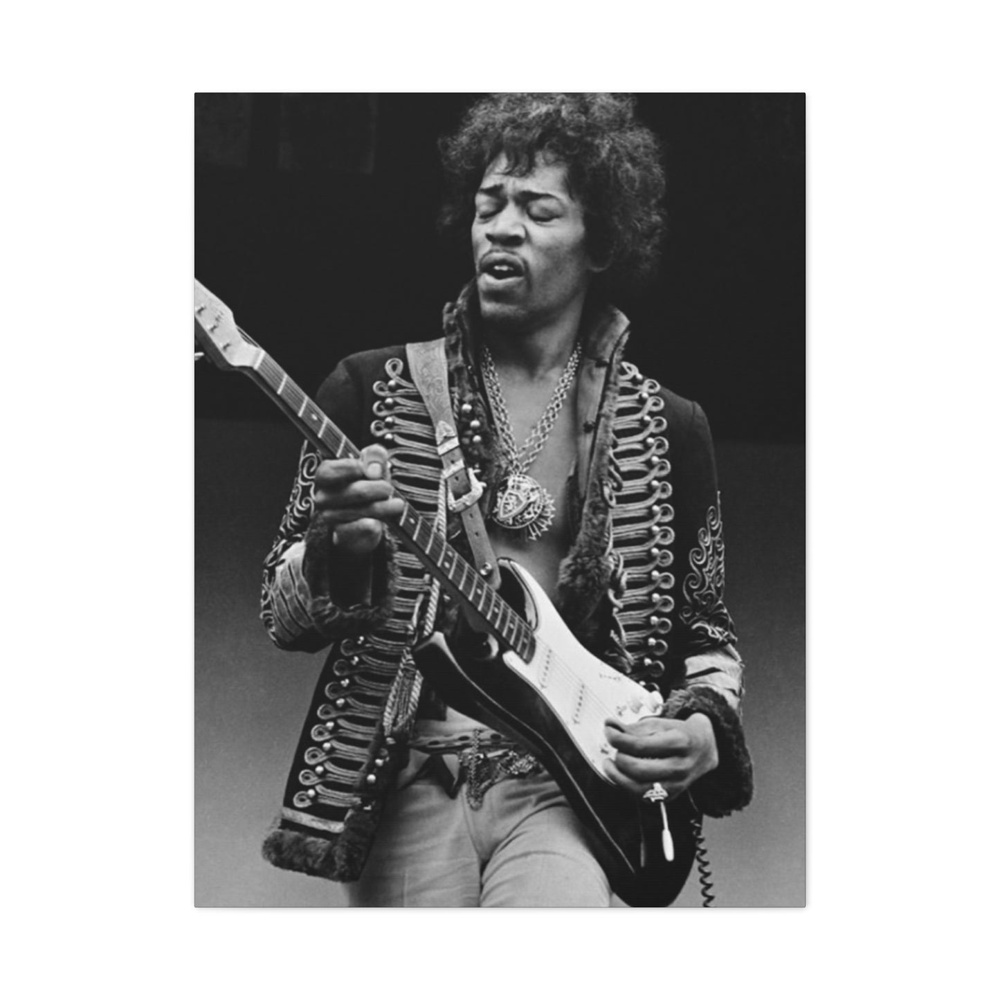 Greyscale Jimi Hendrix Playing Guitar Poster Wall Art & Canvas Prints