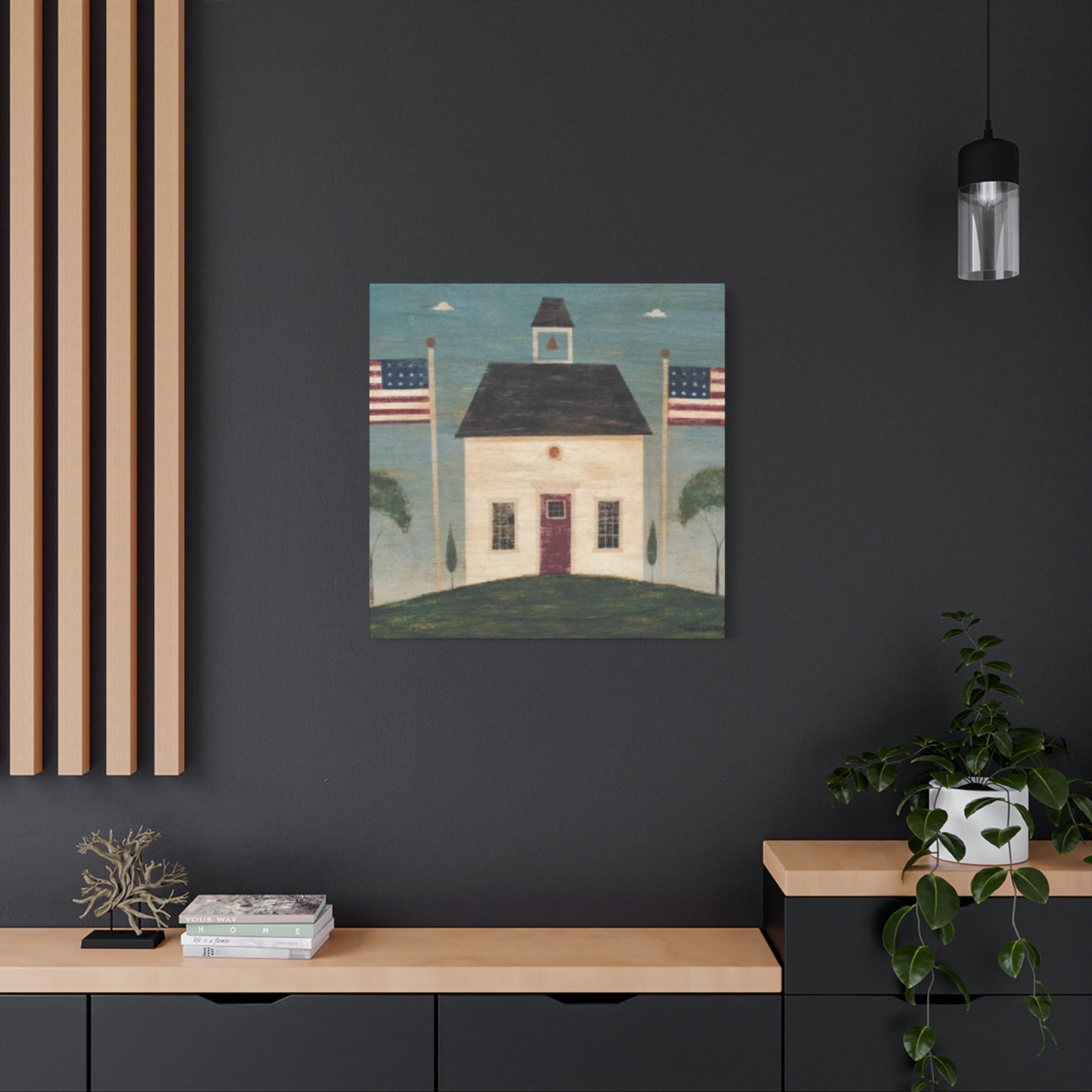 House with Two USA Flags Wall Art & Canvas Prints