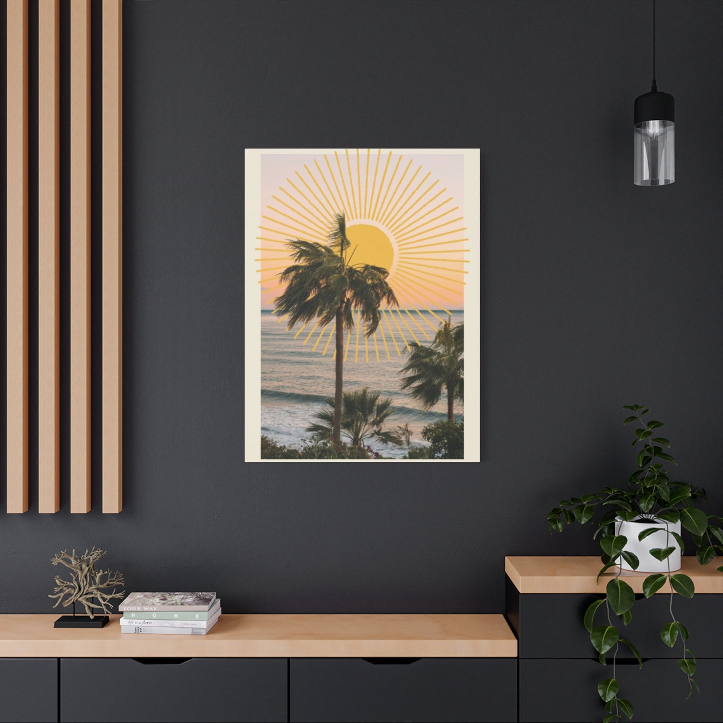 Sunset & Palm Tree On The Beach Wall Art & Canvas Prints