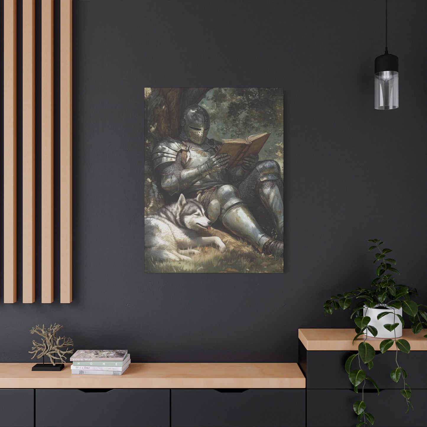 Warrior Reading Book with Husky Wall Art & Canvas Prints