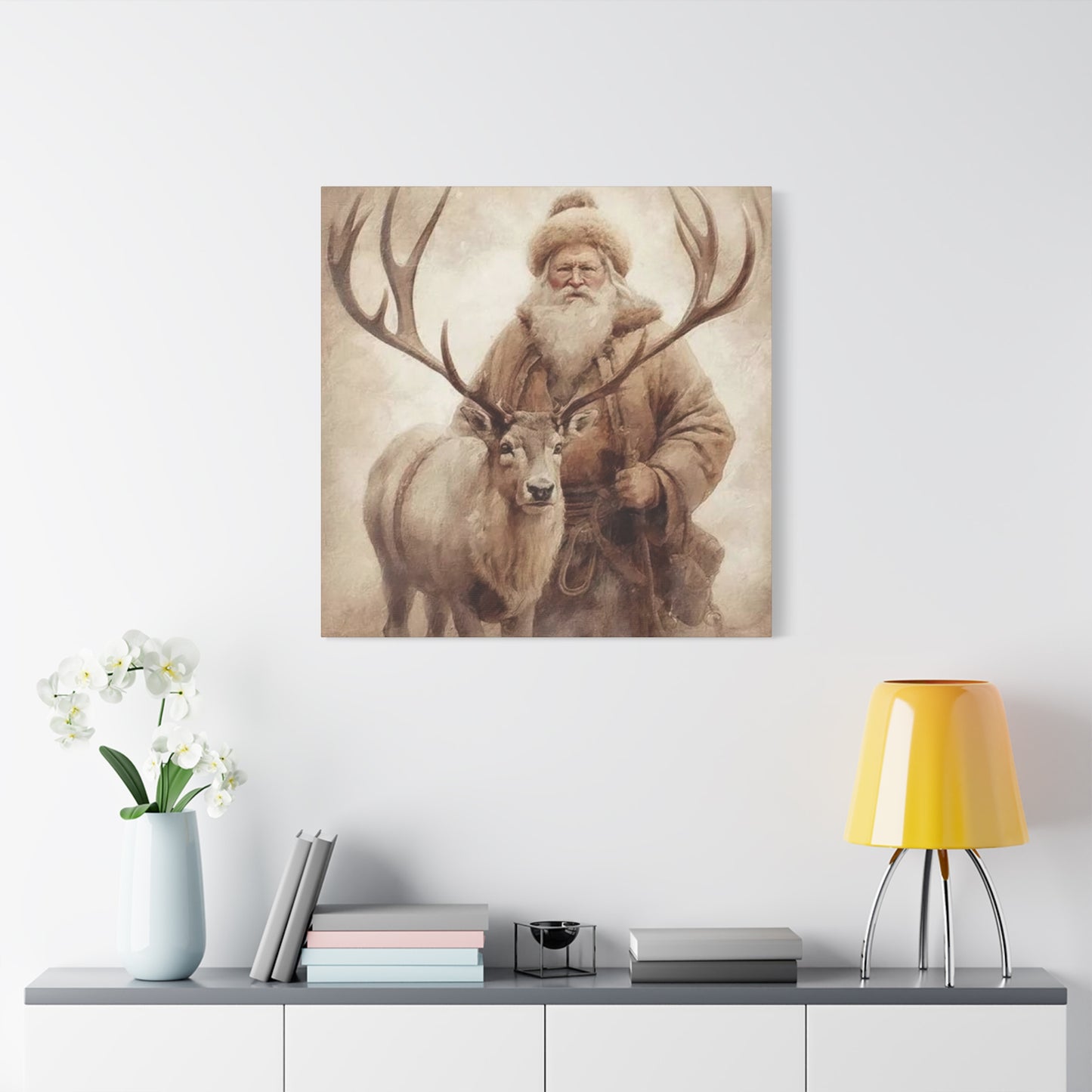 Santa Posing With Reindeer Wall Art & Canvas Prints