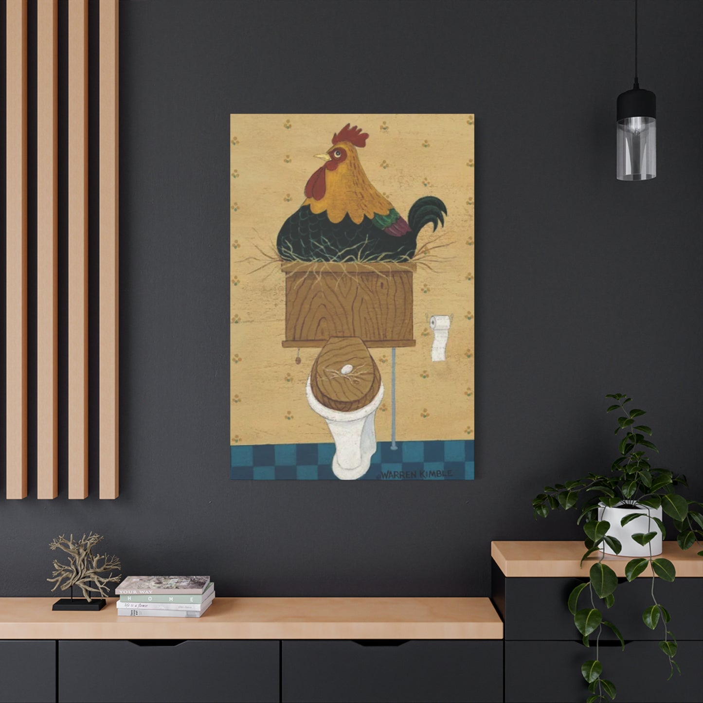 Chicken On Toilet Seat Kimble Warren Wall Art & Canvas Prints